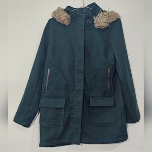 JustFab Dark Green Puffer Coat with Faux Fur Hoddie Pockets Zip Sz Small